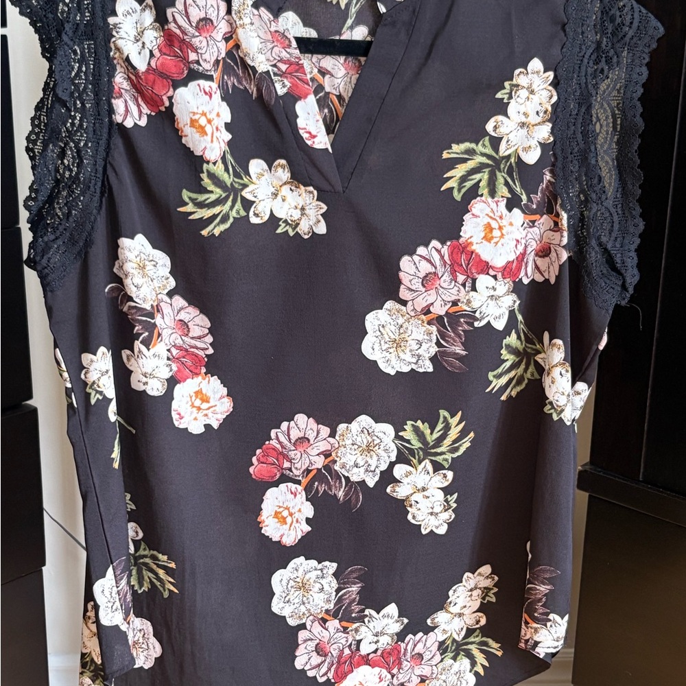 Amaryllis Blue and Black Floral Blouse with Long Sleeves
